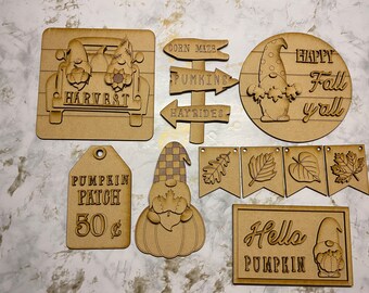Zestaw Jesiennych Gnomów Harvest Tiered Tray DIY L@@KEY, Dekoracja pustych tacek Tiered, Zestaw do majsterkowania DIY, Zestaw do majsterkowania z drewna, Dekoracja z drewna 3D, Puste elementy z drewna, Dekoracja jesienna