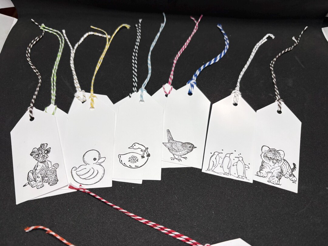 Gift Tags L@@KEY Ducks, Birds, Penguins, Dog, Tiger Cub Hand Stamped ...