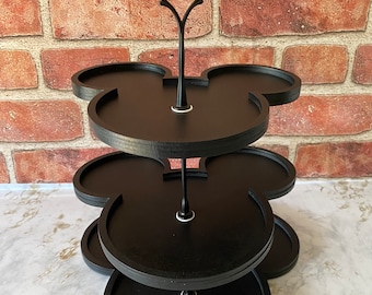 L@@KEY Mickey Mouse Wooden 3 Tier Tray CUSTOME Black Tier Great for Baby Shower, Housewarming, Engagement, Wedding Gift, Anniversary,