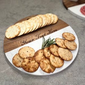 Marble and Wood Cheese Board- Round Charcuterie tray- Personalized Housewarming, Bridal Shower Cutting Board