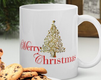 Merry Christmas  Festive Gold Christmas Tree Coffee and Tea Mugs, Ceramic Holiday Cups, Xmas Gift Exchange, Family & Friends Holiday Gifts.