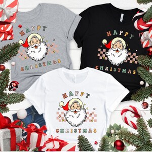 Bella+Canvas® Happy Christmas Unisex Jersey T-Shirt, Xmas Season Tee, Retro Santa Holiday gift, Family and Friend Holiday Apparel Gift idea