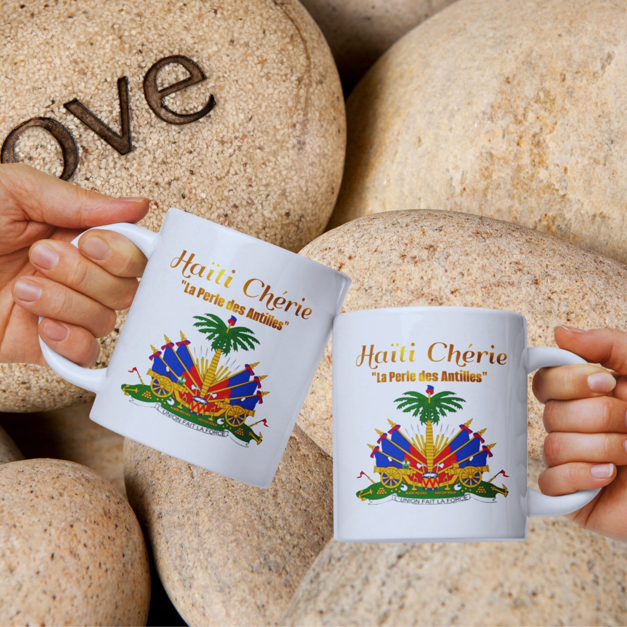 White Glossy Ceramic Haïti Chérie La Perle des Antilles Mug, Haitian love, Haitian Heritage & Flag day Coffee, Teacup, Proud Haitian Gifts.