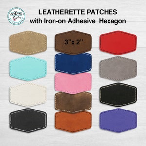 May include: A set of 10 hexagon-shaped leatherette patches with iron-on adhesive. The patches are 3 inches by 2 inches and come in a variety of colours, including brown, red, blue, grey, pink, white, black, orange, and purple.
