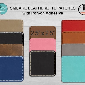 May include: Assortment of 2.5 inch square leatherette patches in various colors, including brown, black, pink, red, gray, blue, and turquoise. The patches have a stitched edge and an iron-on adhesive backing.