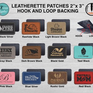 May include: A collection of 10 different 2" x 3" leatherette patches with various designs and text. Each patch has a hook and loop backing. The patches are displayed on a black background with the colour and backing type listed below each patch.