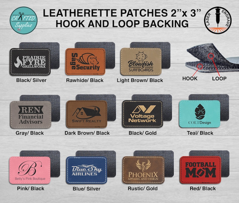 May include: A collection of 10 different 2" x 3" leatherette patches with various designs and text. Each patch has a hook and loop backing. The patches are displayed on a black background with the colour and backing type listed below each patch.