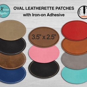 May include: Ten oval leatherette patches in various colors, including brown, black, pink, red, and blue. Each patch measures 3.5 inches by 2.5 inches and has a stitched edge. The patches have an iron-on adhesive.