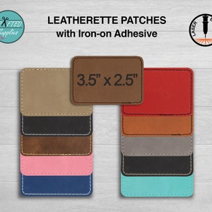 May include: A set of eight 3.5 inch by 2.5 inch leatherette patches in various colors, including beige, black, brown, pink, blue, red, orange, and turquoise. The patches have a stitched edge and are designed for iron-on application.