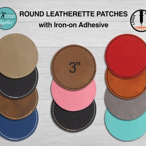 May include: Ten round leatherette patches in various colors, each with a 3 inch diameter and iron-on adhesive. The patches are arranged in two rows of five, with the top row showing a tan, red, brown, pink, and black patch. The bottom row shows a brown, orange, gray, turquoise, and blue patch.