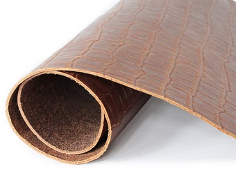 Croc Veg-Tan Leather Full Grain, Panel Sheet Cowhide, Ideal for laser engraving, jewelry, earring, tooling and crafting. Cognac