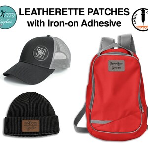Black and grey leatherette patch on a hat. Brown and black patch on a beanie. Gray and black patch on a backpack.