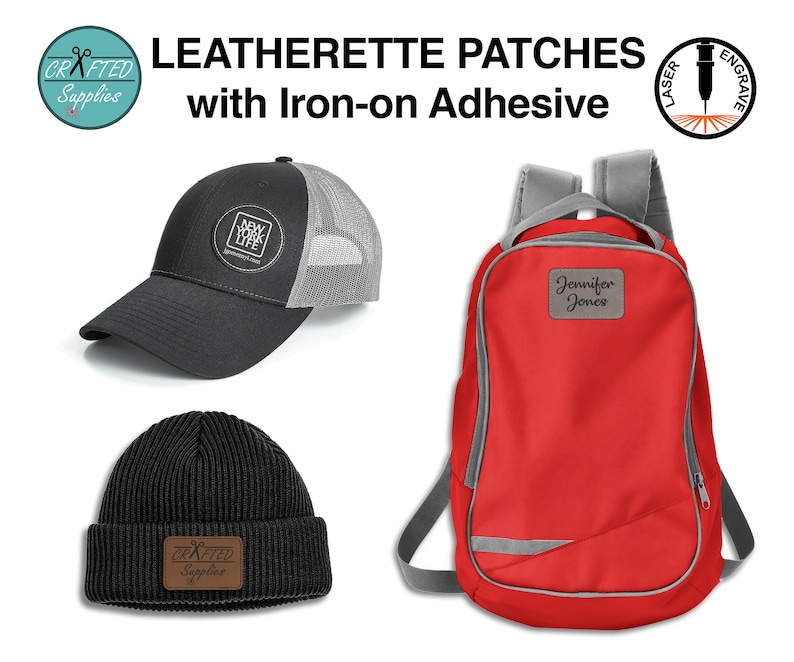 Black and grey leatherette patch on a hat. Brown and black patch on a beanie. Gray and black patch on a backpack.