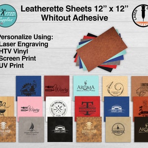 May include: A stack of 12x12 inch leatherette sheets in various colors, including brown, blue, gray, and red. The sheets are designed for crafting and personalization using laser engraving, HTV vinyl, screen printing, and UV printing.