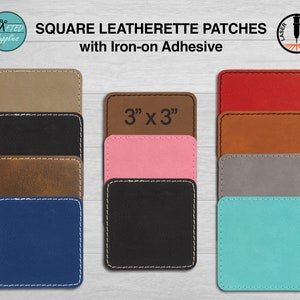 May include: A set of 10 square leatherette patches in various colors, each measuring 3 inches by 3 inches. The patches have a stitched edge and an iron-on adhesive backing.