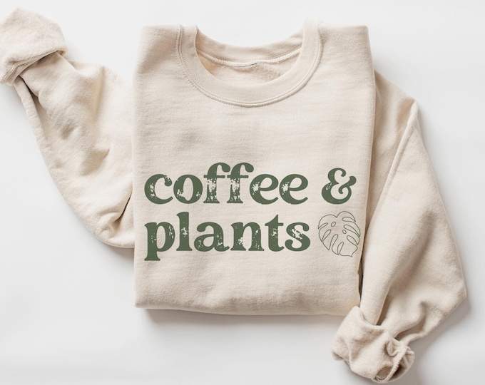 Plant Sweatshirt • Retro Coffee & Plants Sweater • Houseplant Crewneck • Monstera T • Unisex Plant Lovers Gift • Womens Botanical Sweatshirt