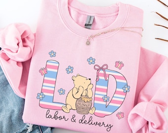 Labor and Delivery Sweatshirt • Cute Swaddle Blanket Striped L&D Nurse Sweater • Labor Delivery RN Bear Crewneck • OB Birth Nurse Crew Gift