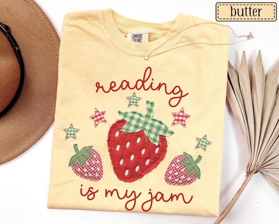 Reading Is My Jam Faux Patchwork Shirt • Book Work Tees • Librarian Gifts • Reading Teacher T-shirt • Book Lover Gifts • Bookish Strawberry