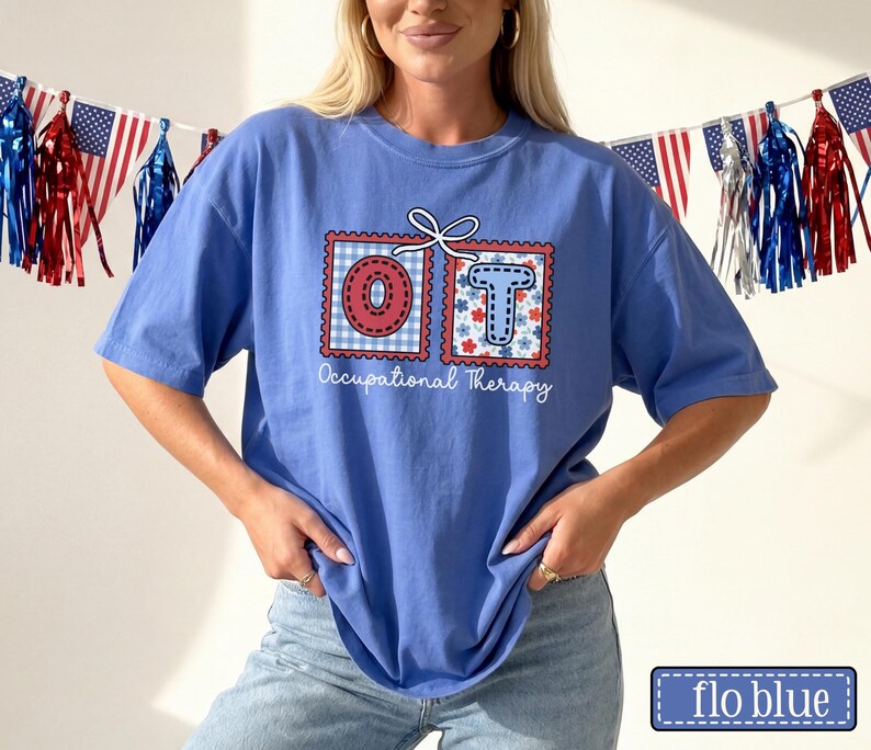 May include: A blue t-shirt with the letters "OT" in decorative postage stamp designs. The "O" is red and white checkered, and the "T" is blue with floral accents. The words "Occupational Therapy" are below the letters.