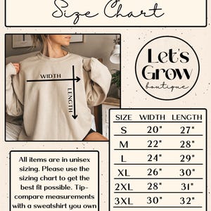 May include: A beige Gildan 1800 sweatshirt with a size chart. The chart lists sizes S to 5XL, with width measurements from 20" to 34" and length measurements from 27" to 34". The text "Let's Grow boutique" is also visible.