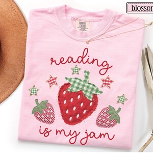Reading Is My Jam Faux Patchwork Shirt • Book Work Tees • Librarian Gifts • Reading Teacher T-shirt • Book Lover Gifts • Bookish Strawberry Blossom