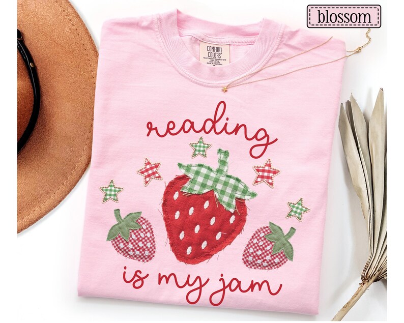 Reading Is My Jam Faux Patchwork Shirt • Book Work Tees • Librarian Gifts • Reading Teacher T-shirt • Book Lover Gifts • Bookish Strawberry Blossom