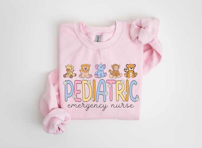 May include: Pink sweatshirt with a graphic of animals and the text "PEDIATRIC emergency nurse".