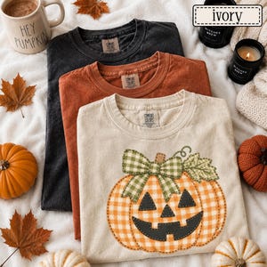May include: Three crew neck t-shirts in charcoal, rust, and ivory. The ivory shirt features a large orange and white gingham pumpkin graphic with a green gingham bow and a black jack-o'-lantern face. The shirts have a visible Comfort Colors label.