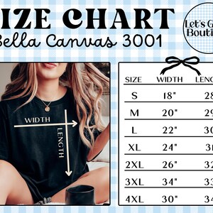 Op de afbeelding: Een maattabel voor het Bella Canvas 3001 t-shirt met maten S tot 4XL, met breedte- en lengtematen in inches. De tabel bevat een visuele gids die laat zien hoe de breedte en lengte op een zwart t-shirt moeten worden gemeten.