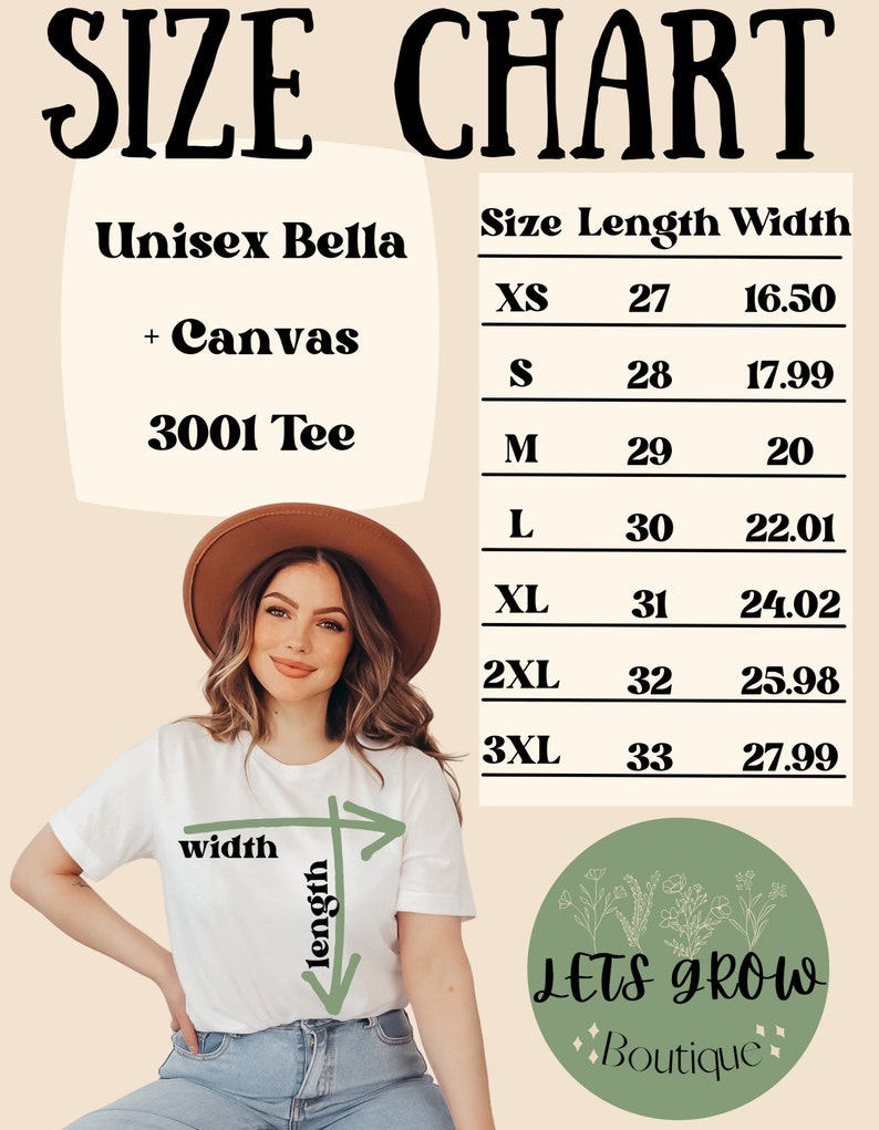 May include: A size chart for a Unisex Bella + Canvas 3001 Tee, with measurements in inches. The chart includes sizes XS to 3XL, with length and width dimensions. A woman wearing a white t-shirt is shown, with arrows indicating length and width.