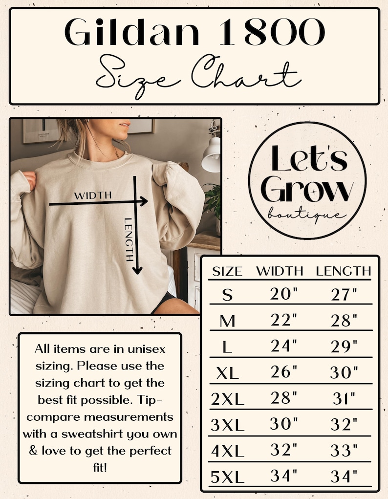 Puede incluir: Tabla de tallas para sudaderas unisex Gildan 1800, que muestra las medidas de ancho y largo en pulgadas para las tallas S a 5XL. La tabla se muestra sobre un fondo beige con una foto de una mujer usando una sudadera beige.
