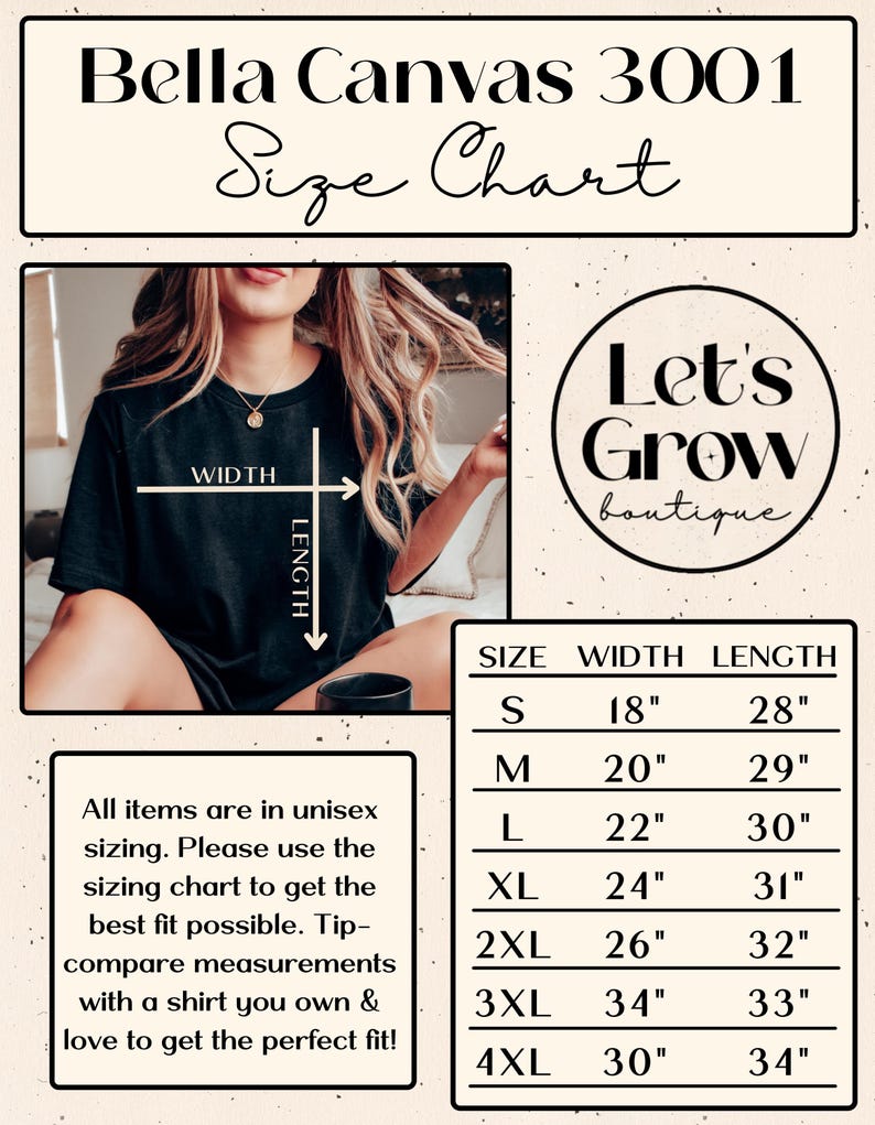 May include: Bella Canvas 3001 size chart for unisex t-shirts. The chart shows the width and length measurements in inches for sizes S through 4XL.
