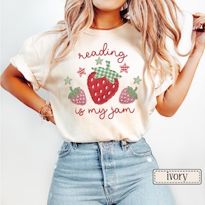 Reading Is My Jam Faux Patchwork Shirt • Book Work Tees • Librarian Gifts • Reading Teacher T-shirt • Book Lover Gifts • Bookish Strawberry Ivory