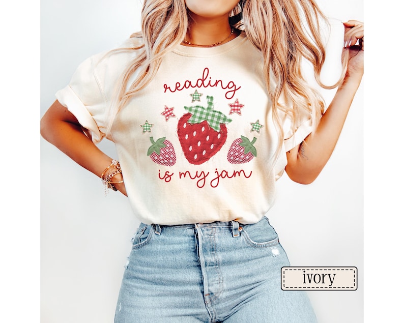 Reading Is My Jam Faux Patchwork Shirt • Book Work Tees • Librarian Gifts • Reading Teacher T-shirt • Book Lover Gifts • Bookish Strawberry Ivory