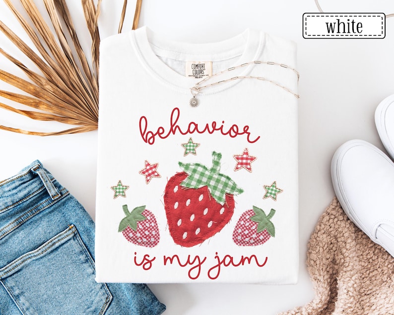 Behavior Is My Jam Faux Patchwork Shirt • ABA Therapy Comfort Colors Tshirt • BCBA RBT Gifts • Behavior Analyst Gift • Behavioral Therapist White