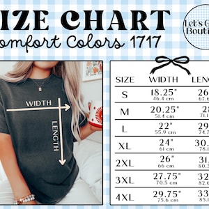K&ouml;nnte beinhalten: Eine Gr&ouml;&szlig;entabelle f&uuml;r Comfort Colors 1717 T-Shirts mit einem schwarzen T-Shirt und Pfeilen f&uuml;r Breite und L&auml;nge. Die Tabelle listet die Gr&ouml;&szlig;en S bis 4XL mit den entsprechenden Ma&szlig;en in Zentimetern auf, gebrandet von Let's Grow Boutique.