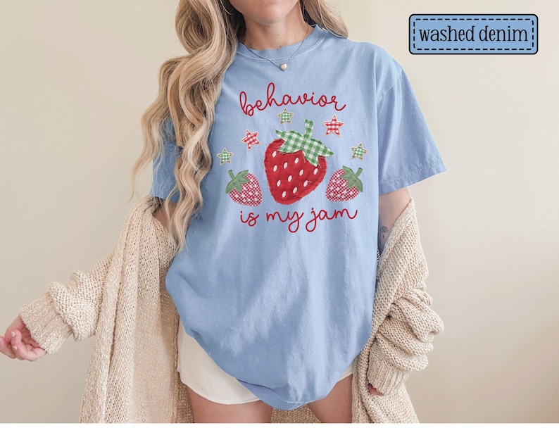 Behavior Is My Jam Faux Patchwork Shirt • ABA Therapy Comfort Colors Tshirt • BCBA RBT Gifts • Behavior Analyst Gift • Behavioral Therapist Washed Denim