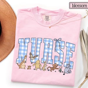 K&ouml;nnte beinhalten: Hellrosa T-Shirt mit dem Wort "NURSE" in blau-wei&szlig;em Vichy-Karo-Schriftzug. Unter dem Wort befinden sich Zeichentrickfiguren. Das Shirt ist von der Marke Comfort Colors.