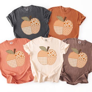 May include: Five short-sleeved t-shirts in charcoal, burnt orange, coral, cream, and brown. Each shirt features a large central graphic of an apple divided into four quadrants with different patterns: orange gingham, beige plaid, leopard print, and autumn leaves.