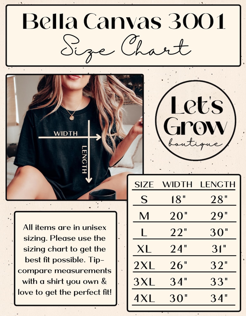 May include: Bella Canvas 3001 size chart for unisex t-shirts. The chart shows the width and length measurements in inches for sizes S through 4XL.