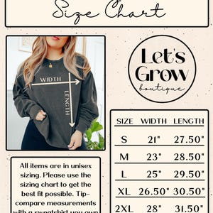 May include: A size chart for Comfort Colors 1566 apparel. The chart includes measurements for width and length in inches for sizes S through 3XL. The image also features a person wearing a dark gray sweatshirt and the text "Let's Grow boutique."