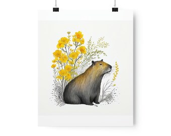 Capybara Floral Poster Print Yellow Flower Unique Art Decor Decoration