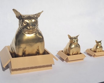 Golden Good Luck Fat Sphynx Cat Sitting in a Box Miniature Figurine Chonk Cute Hairless Cat Toy Small Mini Smol Trinket Decoration Lucky