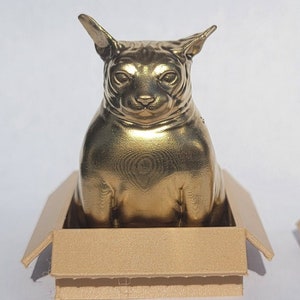 Golden Good Luck Fat Sphynx Cat Sitting in a Box Miniature Figurine Chonk Cute Hairless Cat Toy Small Mini Smol Trinket Decoration Lucky