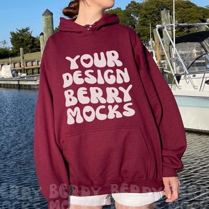 Gildan 18500 Mockup Maroon Hoodie, Oversized Hoodie Mockup, Nature Lake Yacht Trendy Mockup Burgundy Sweatshirt