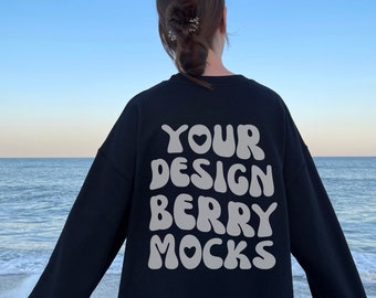 Gildan 18000 Black Oversized Sweatshirt Mockup, Words On Back Gildan Mockup, Oversized Hoodie Mockup, Nature Beach Trendy Back Of Sweatshirt