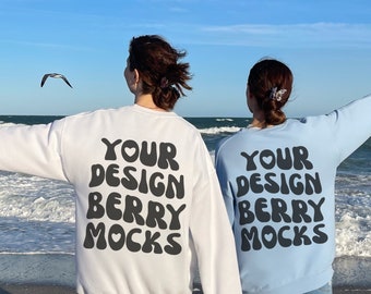 Gildan 18000 Mockup, White and Blue Gildan Mockup, Words On Back Gildan Mockup, Oversized Hoodie Mockup, Beach Trendy Two Girls Mockup