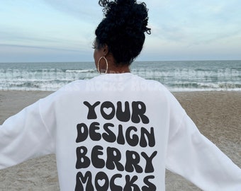 White Gildan 18000 Mockup Sweatshirt, African American Mixed Model, Words On Back Gildan Mockup, Oversized Beach Trendy Back Of Sweatshirt