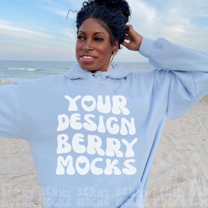 Front Gildan 18500 Mockup Light Blue, Words On Back Gildan Mockup, Oversized Hoodie Mockup, Beach African American Girl Mockup