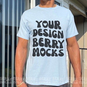 Light Blue Gildan 5000 Male Shirt Mockup Shirt Summer Model Trendy Vsco African American Latin Mixed Man Mockup